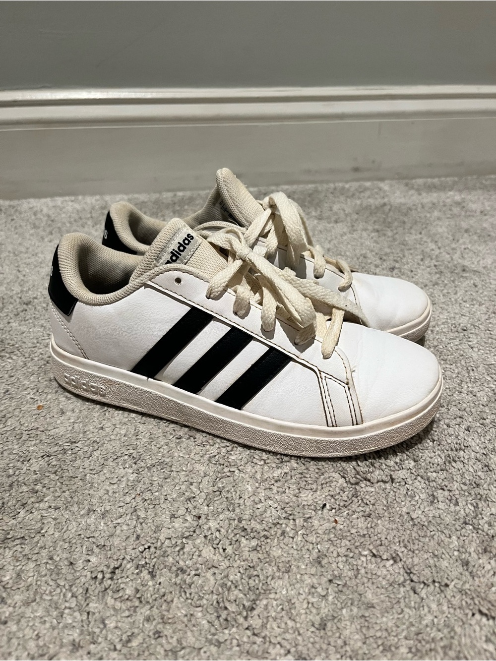 adidas Kids White Sneakers with Black Three Stripes